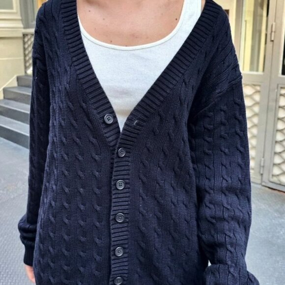 Brandy Melville Navy Amber Cotton Cable Knit Cardigan Sweater Women's One Size - Picture 1 of 10